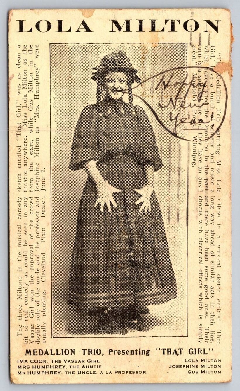 1908 Vaudeville Postcard Medallion Trio "That Girl" Lola Milton Topeka KS Hotel